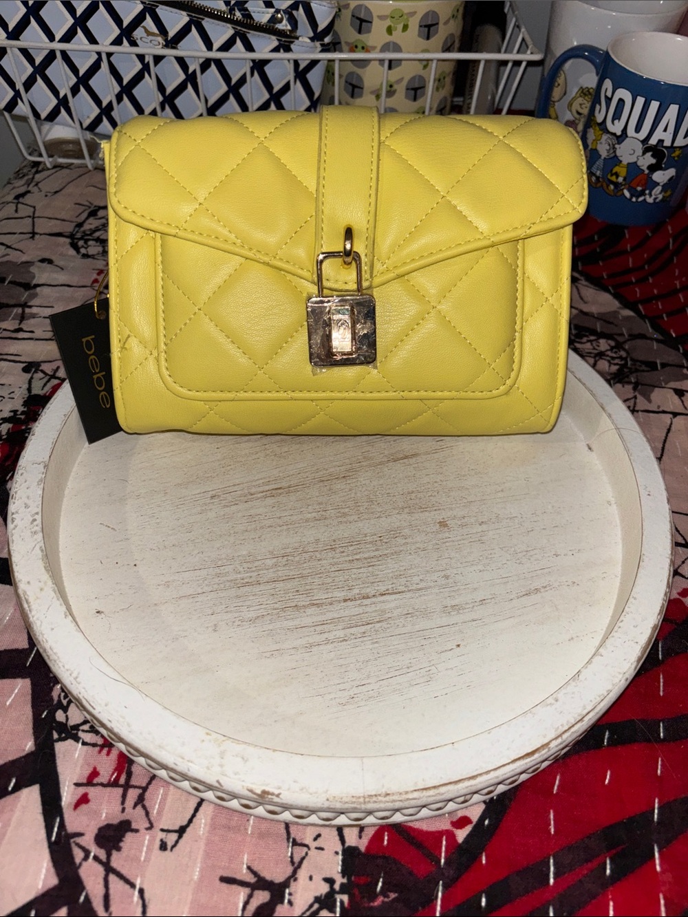 bebe Quilted Yellow Leather Crossbody with Gold Lock